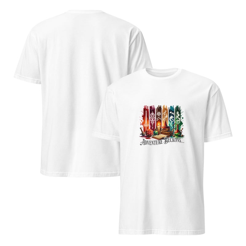 White t-shirt with colorful graphic design on a white background