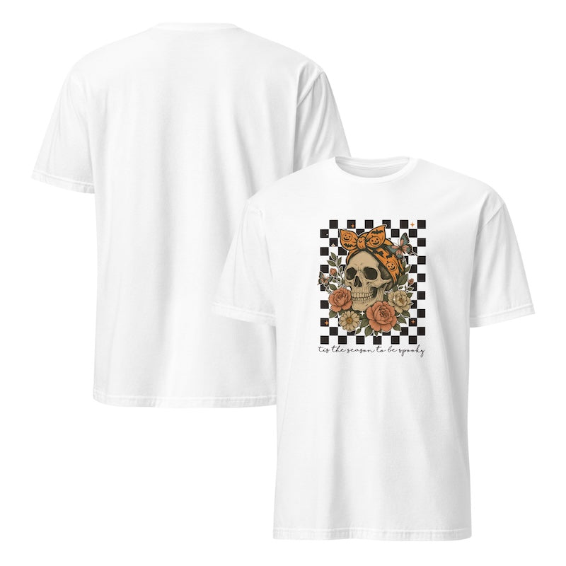 White t-shirt with a skull and floral design on a checkered border, displayed on a white background.