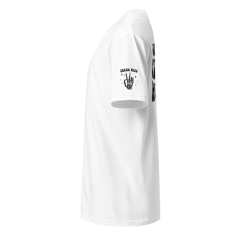 White t-shirt with black graphics on a white background