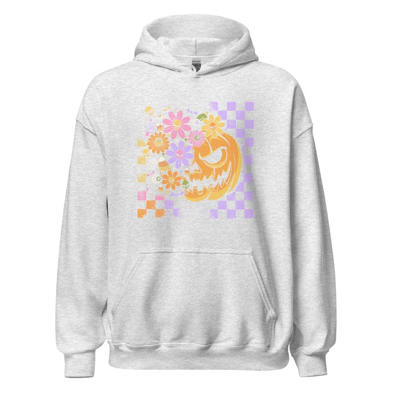 Gray hoodie with a colorful design featuring flowers and a moon on a white background
