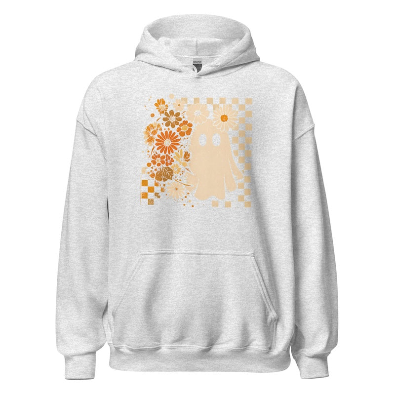 Gray hoodie with a floral design on the chest against a white background