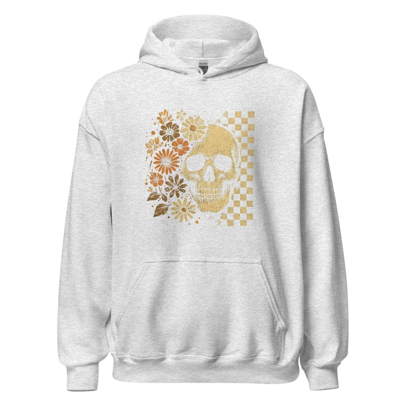 White hoodie with a skull and floral design on a white background