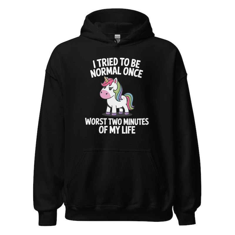 Black hoodie with a unicorn graphic and humorous text on a white background