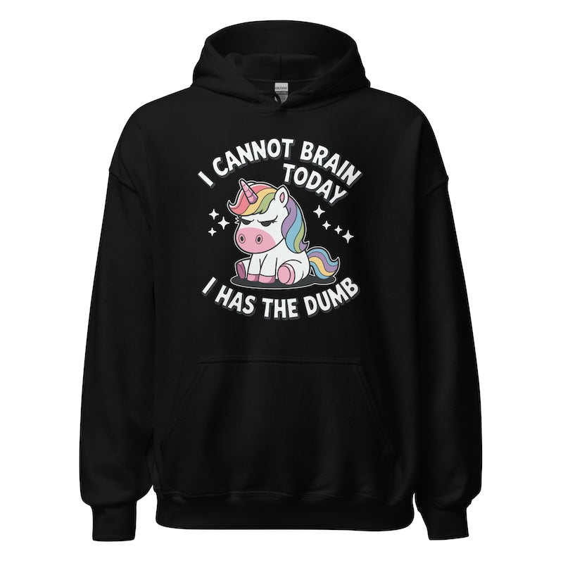 Black hoodie with a unicorn graphic and text on a white background