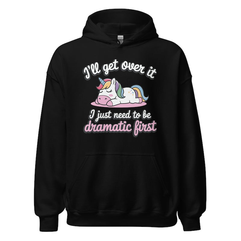 Black hoodie with unicorn graphic and text on a white background