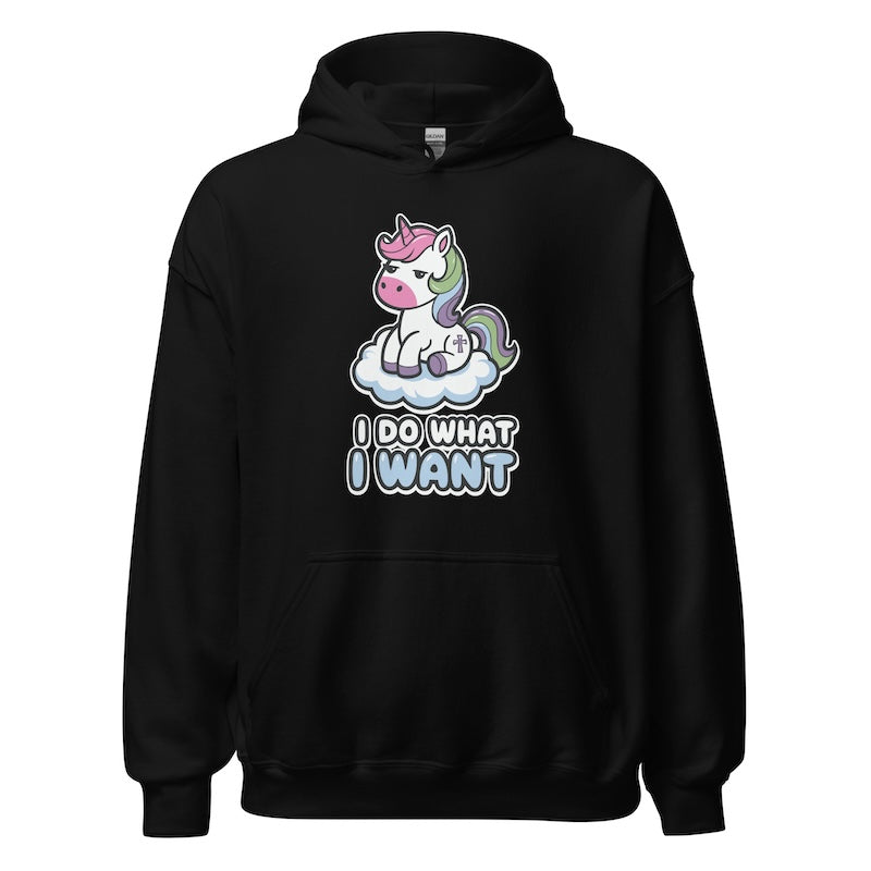 Black hoodie with a unicorn graphic and 'I Do What I Want' text on a white background