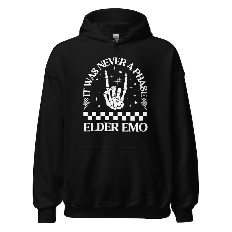 Black hoodie with white graphic and text on a white background