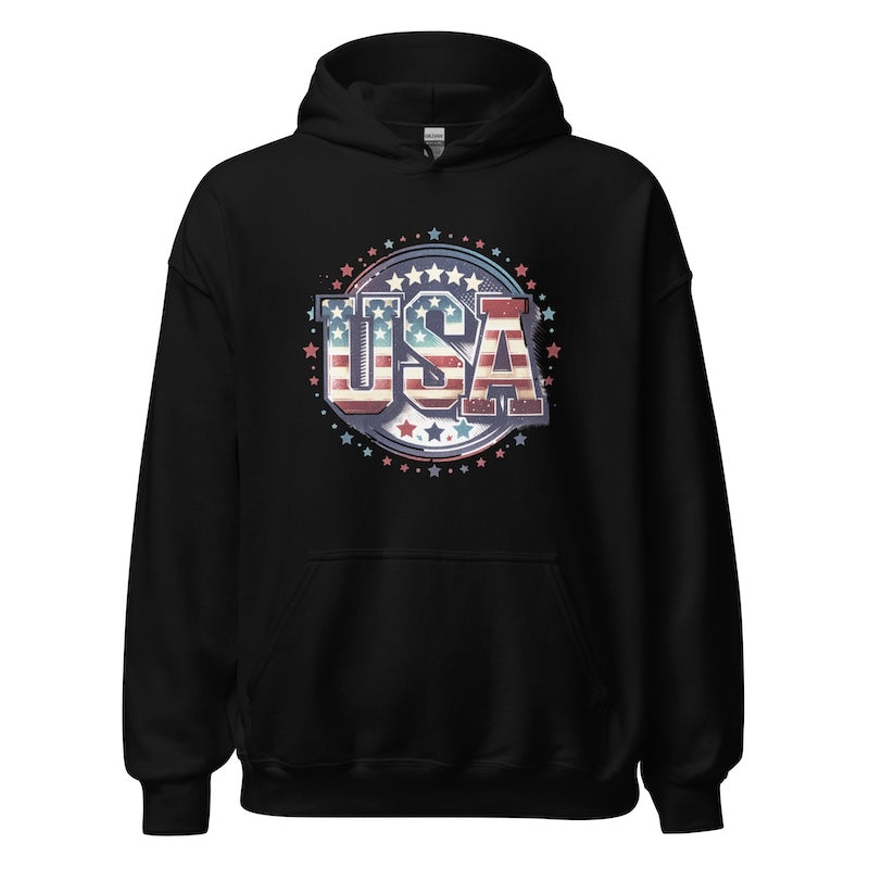 Black hoodie with 'USA' design on a white background