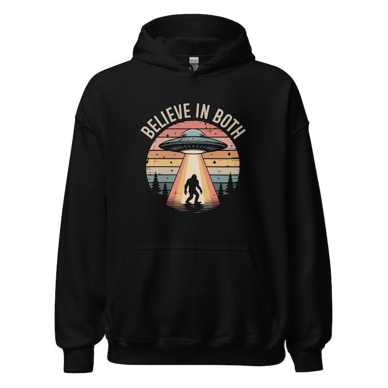 Black hoodie with UFO and Bigfoot design and 'Believe in Both' text on a white background
