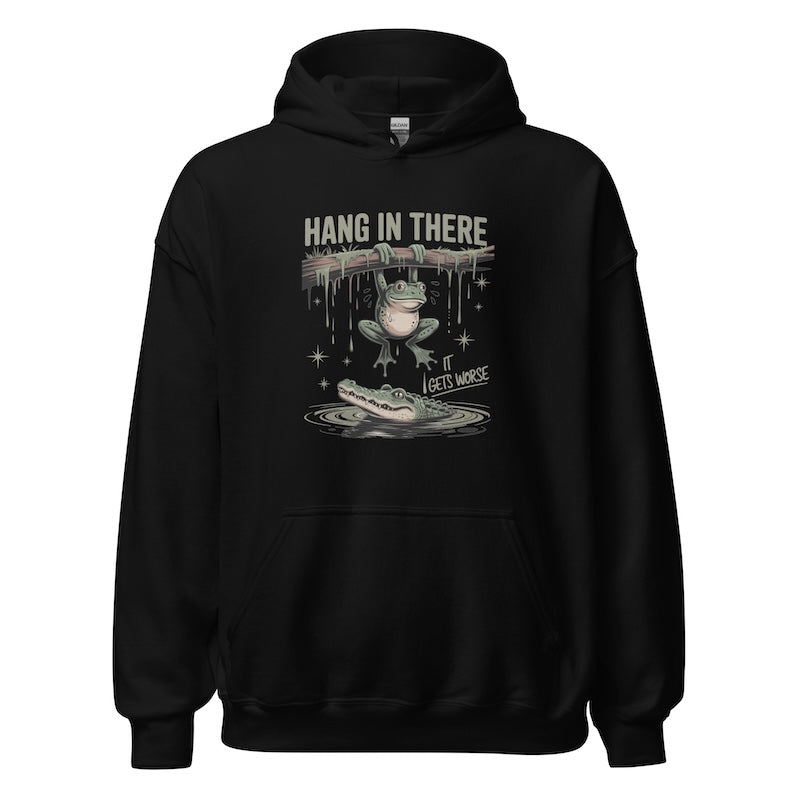 Black hoodie with a graphic design of a frog and alligator on a white background