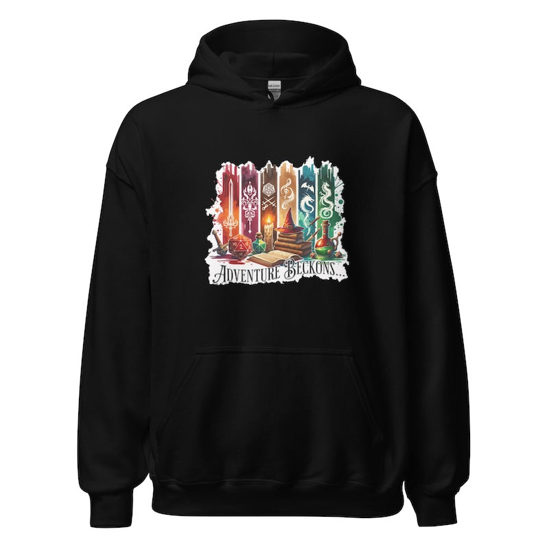 Black hoodie with colorful graphic design on a white background