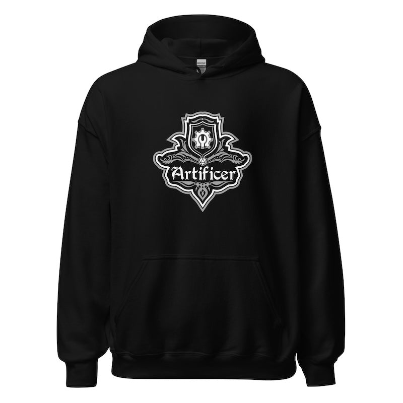Black hoodie with 'Artificer' logo on a white background