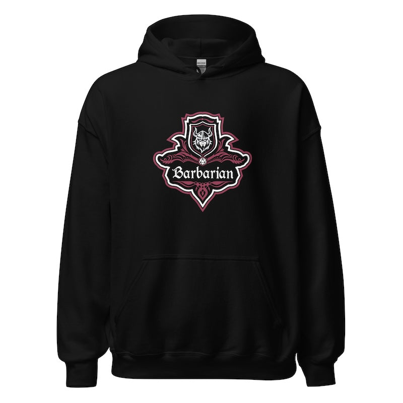 Black hoodie with a 'Barbarian' logo on a white background