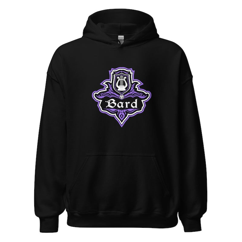 Black hoodie with a purple and white emblem and 'Bard' text on a white background
