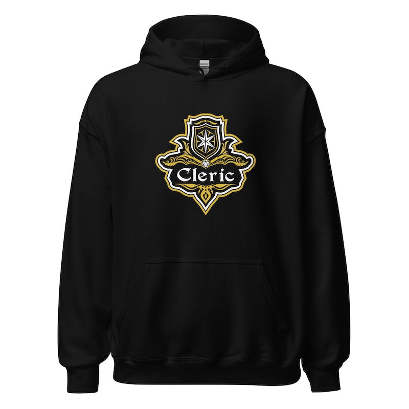 Black hoodie with 'Cleric' emblem design on a white background