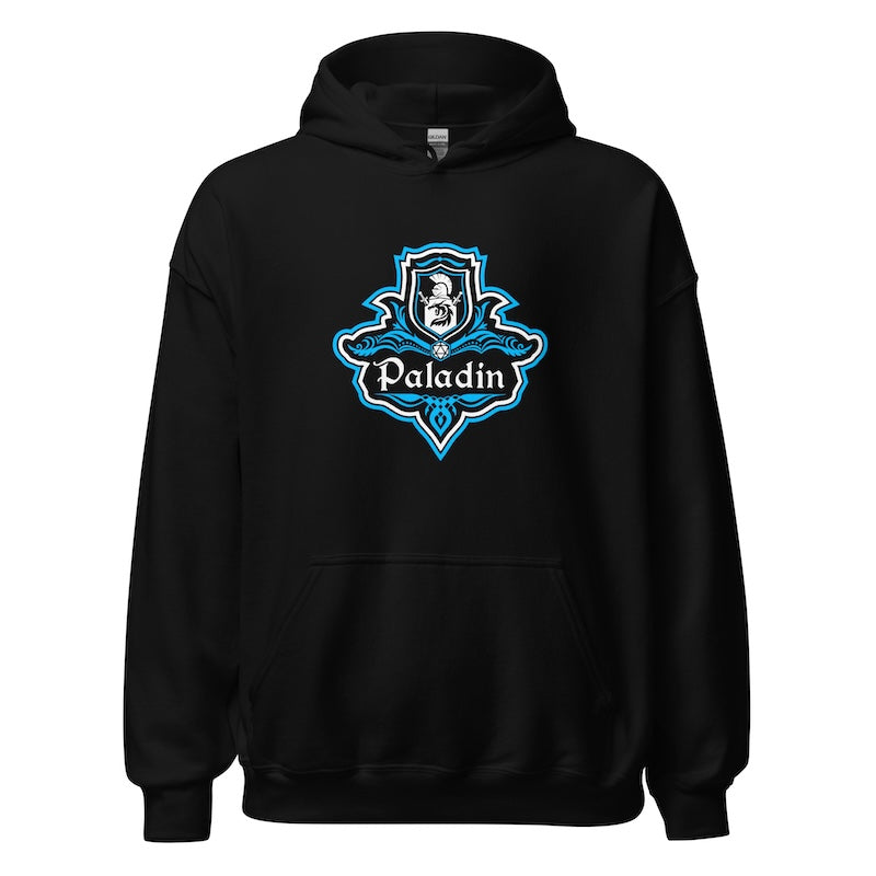 Black hoodie with a blue and white logo on a white background