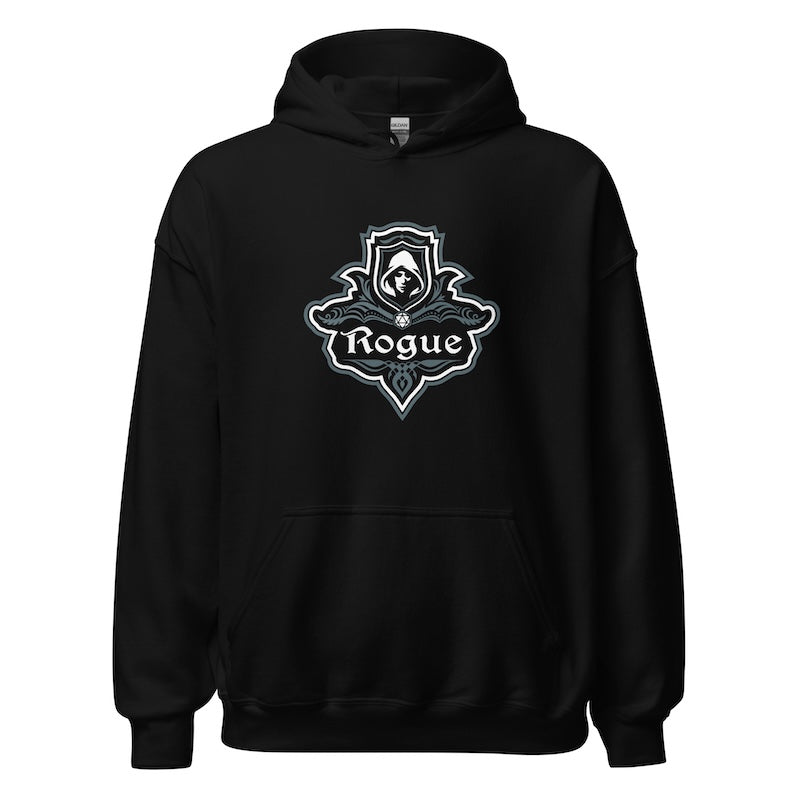 Black hoodie with a white emblem and text on a white background