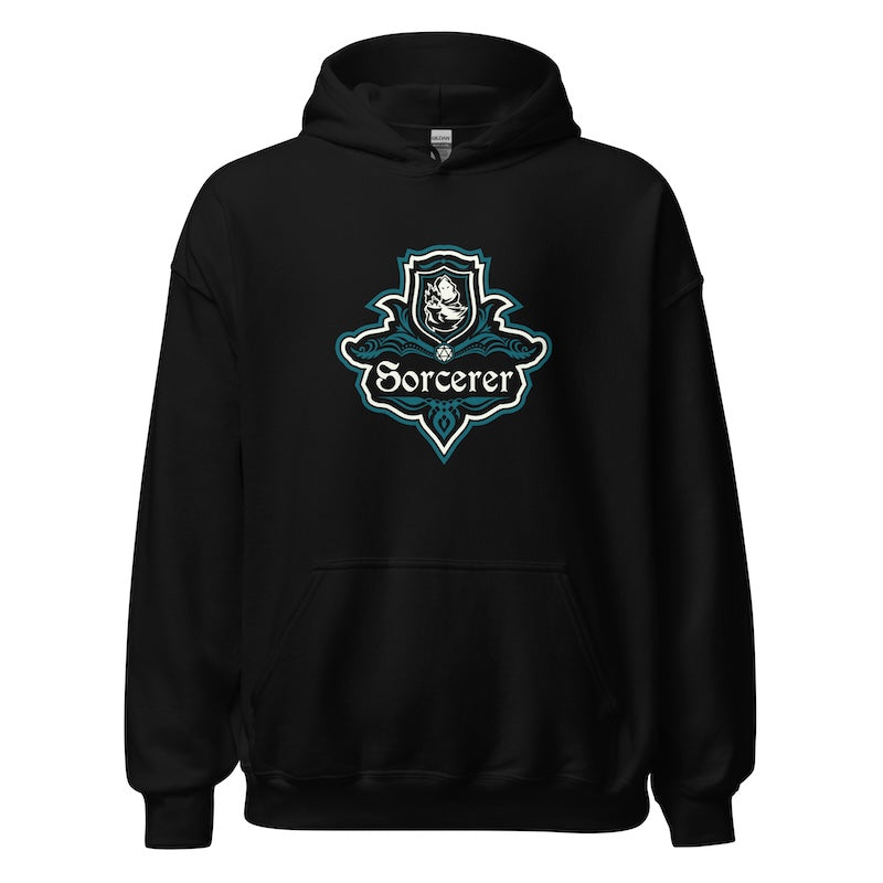 Black hoodie with 'Sorcerer' logo on a white background