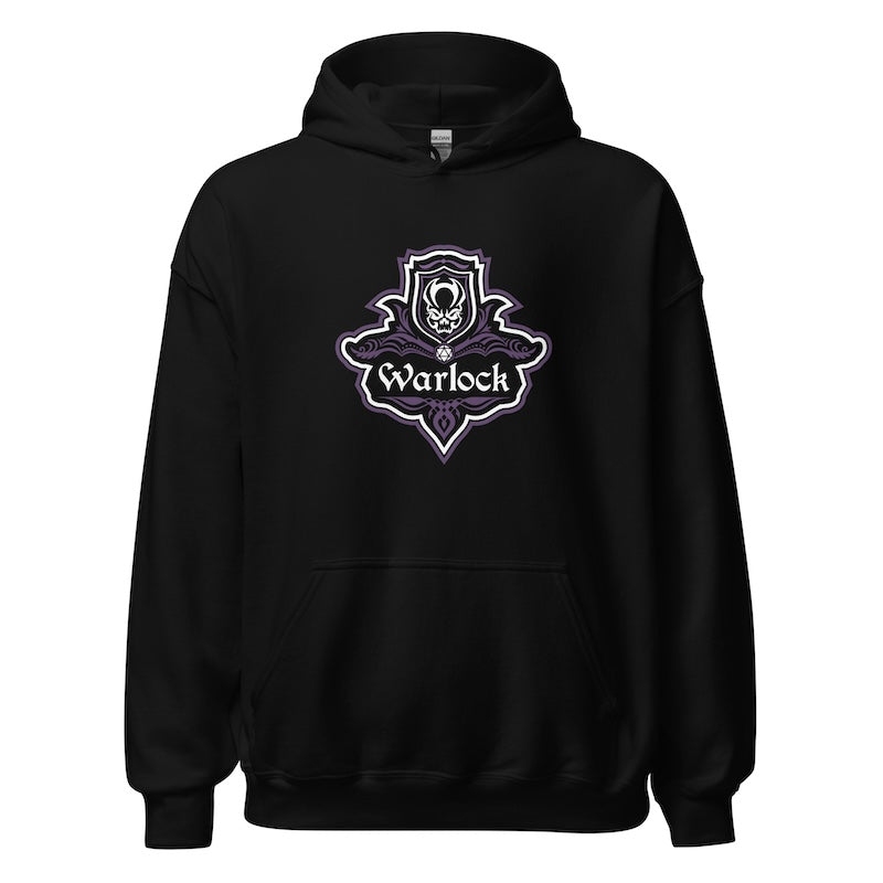 Black hoodie with 'Warlock' logo on a white background
