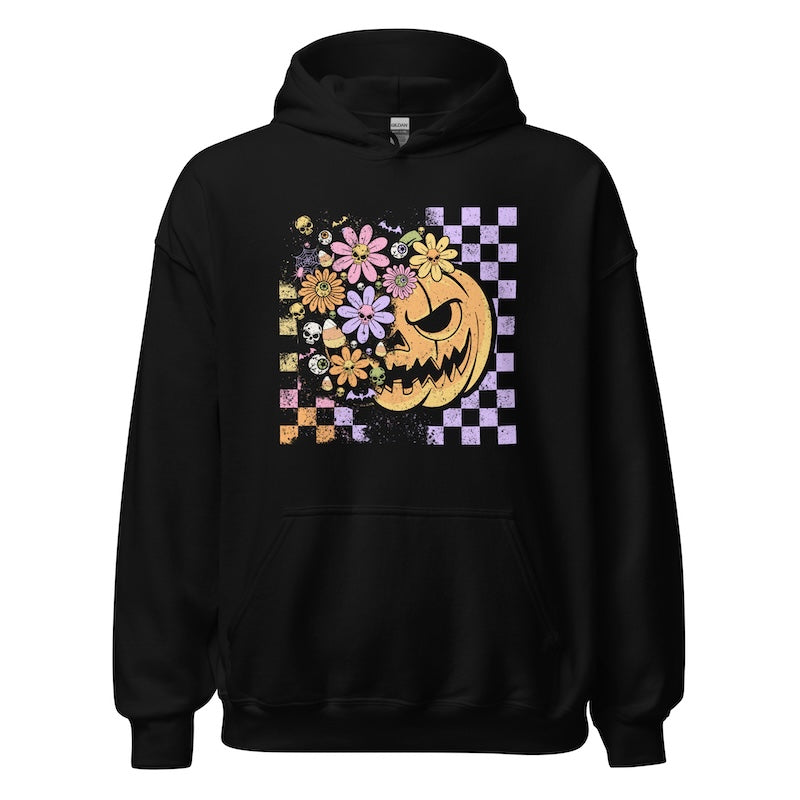 Black hoodie with a floral pumpkin design on a white background