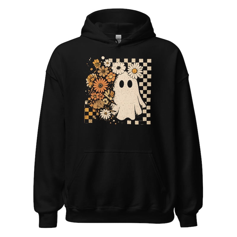 Black hoodie with a ghost and floral design on a white background