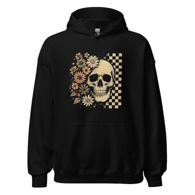 Black hoodie with skull and floral design on a white background