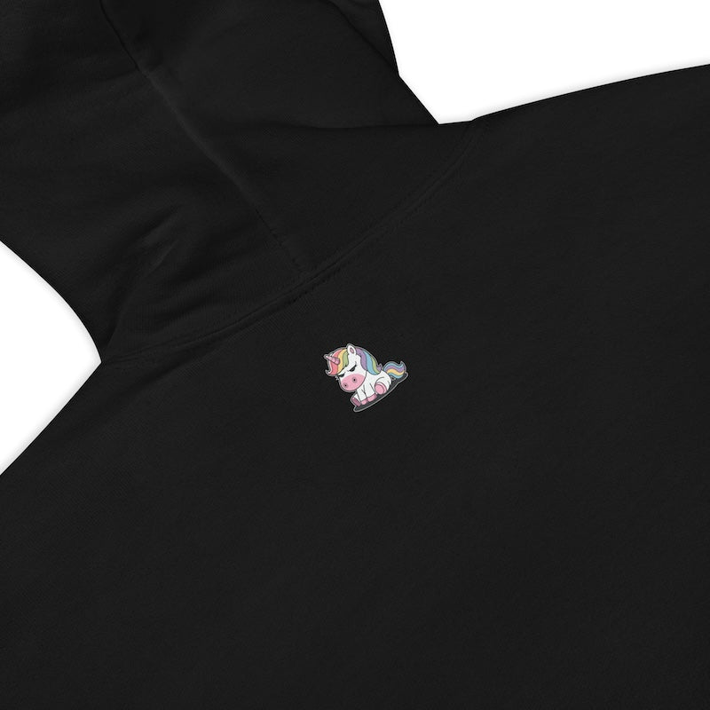 Black hoodie with a colorful unicorn patch on a white background