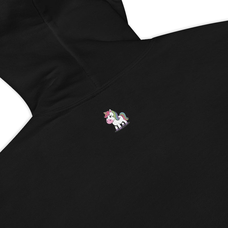 Black hoodie with a unicorn logo on the chest