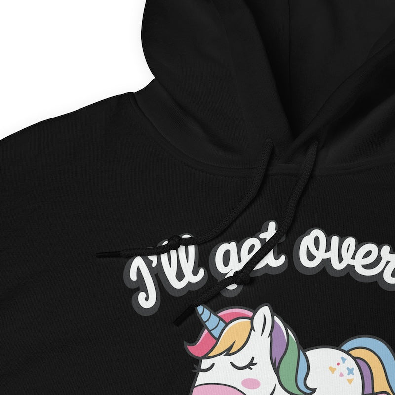 Black hoodie with a unicorn graphic and text on a white background