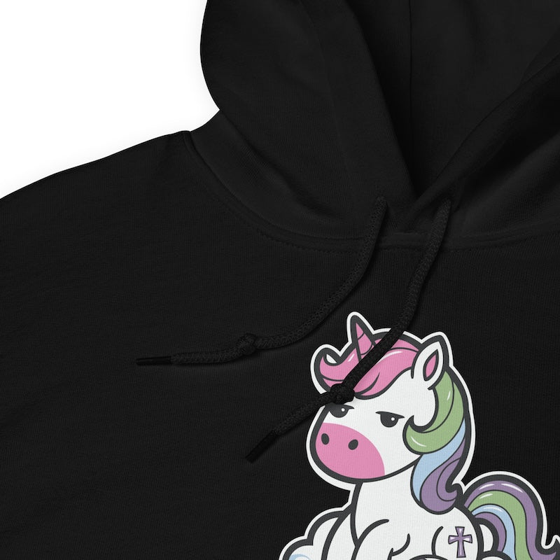 Black hoodie with a unicorn graphic on a white background