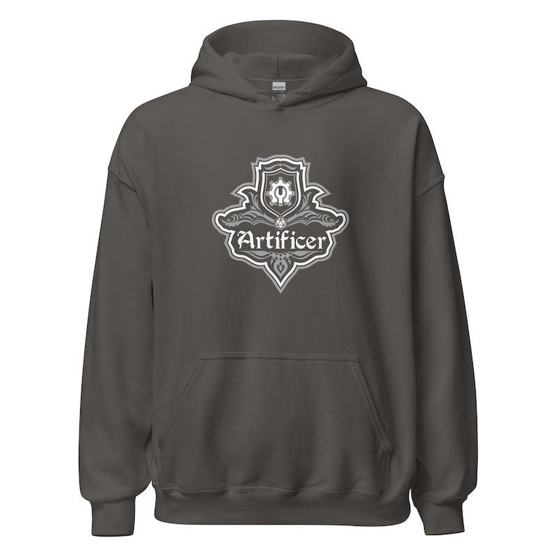 Dark gray hoodie with 'Artificer' logo on a white background