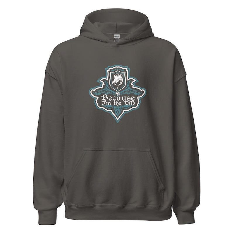 Dark gray hoodie with a logo and text on a white background