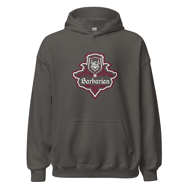 Dark gray hoodie with a red and white logo on a white background