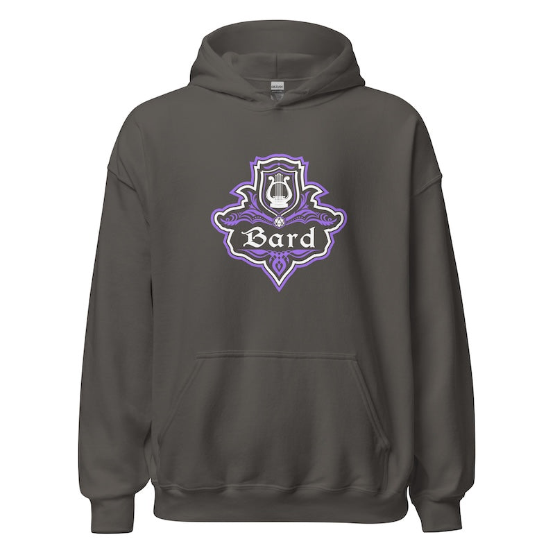 Dark gray hoodie with a purple and white emblem and 'Bard' text on a white background