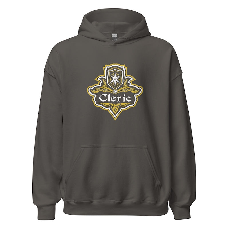 Dark gray hoodie with a gold and white emblem and the word 'Cleric' on a white background