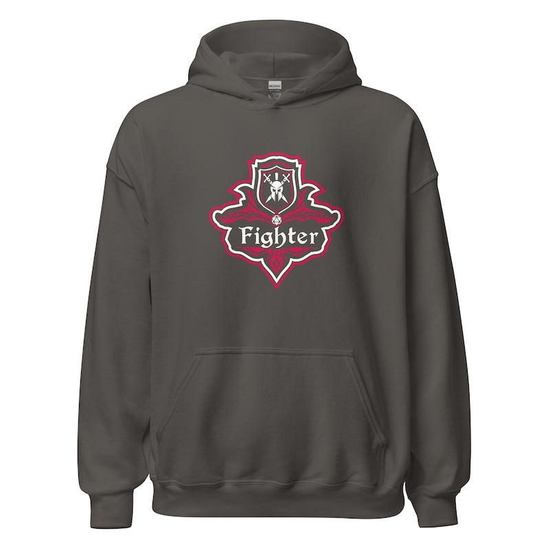Dark gray hoodie with a red and white logo on a white background