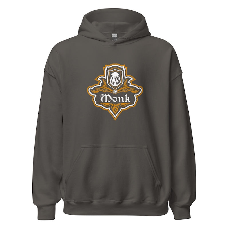 Dark gray hoodie with a 'Monk' logo on a white background