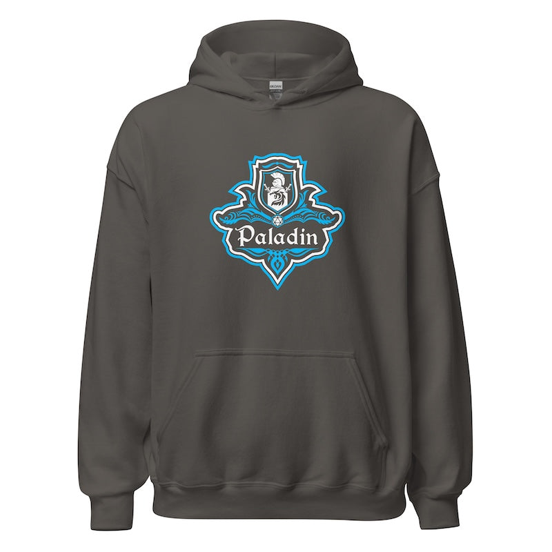 Dark gray hoodie with 'Paladin' logo on a white background