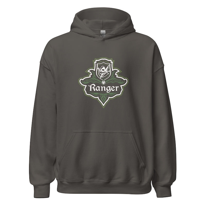 Dark gray hoodie with a 'Ranger' logo on a white background