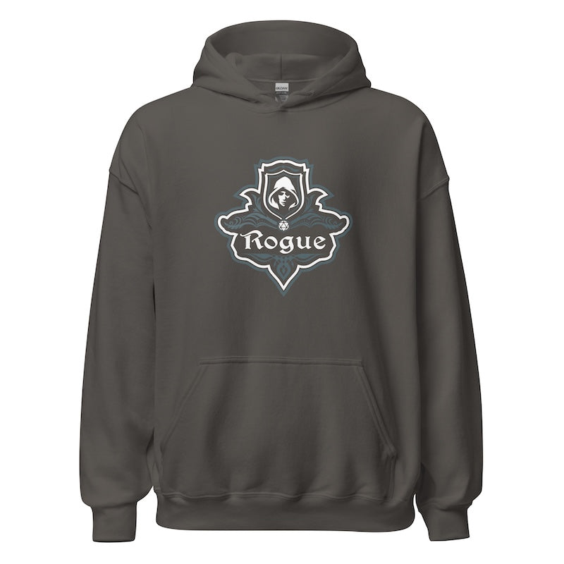 Dark gray hoodie with a logo on the chest against a white background