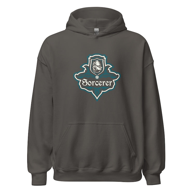 Dark gray hoodie with 'Sorcerer' logo on a white background