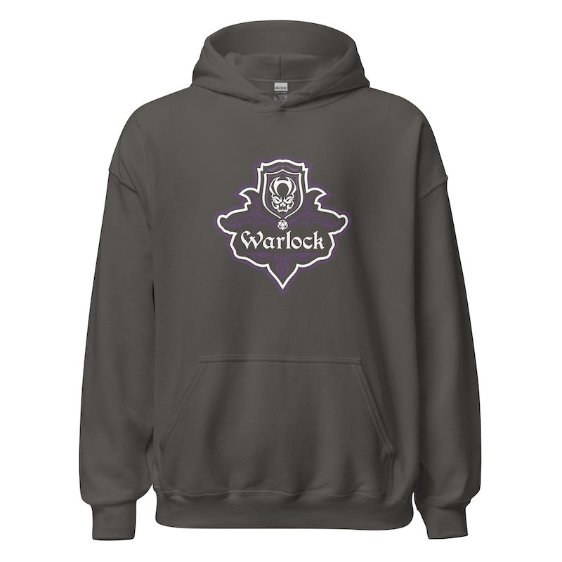 Dark gray hoodie with 'Warlock' logo on a white background