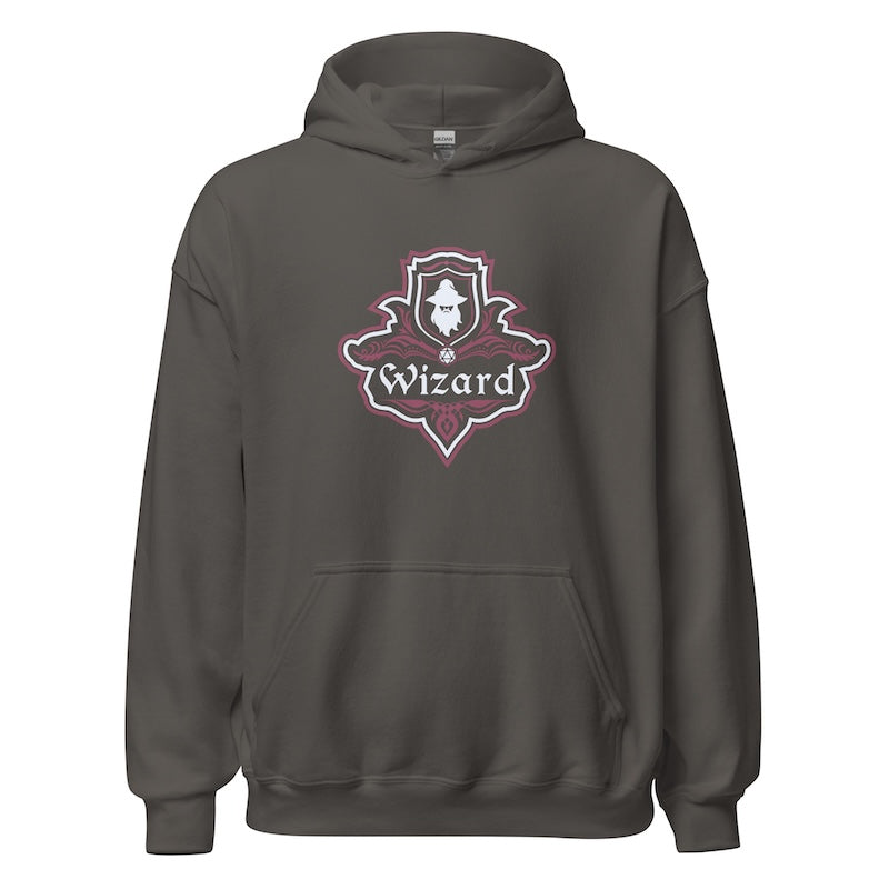 Dark gray hoodie with a 'Wizard' logo on a white background
