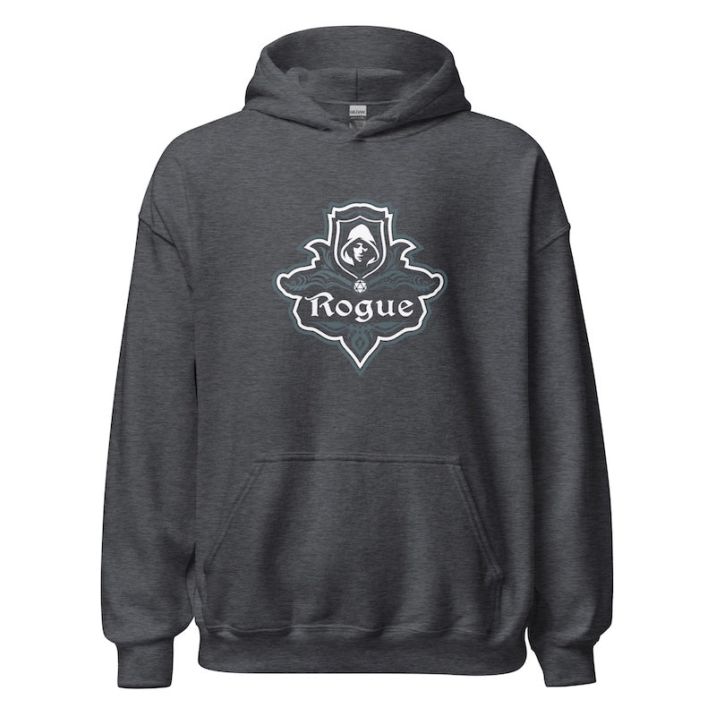 Dark gray hoodie with a white logo on a white background
