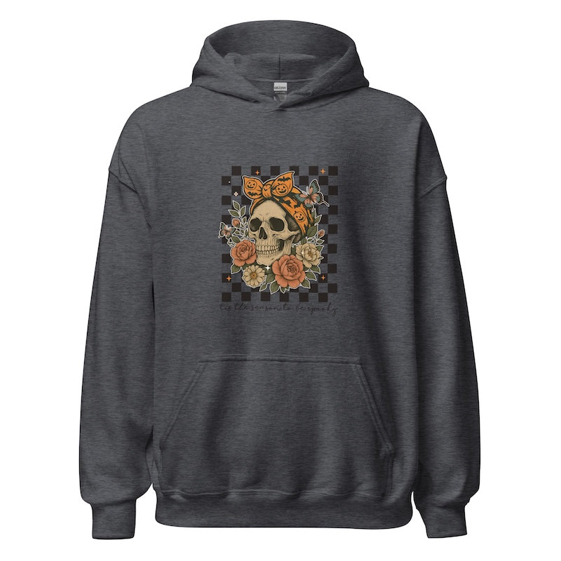 Dark gray hoodie with a skull and floral design on a white background