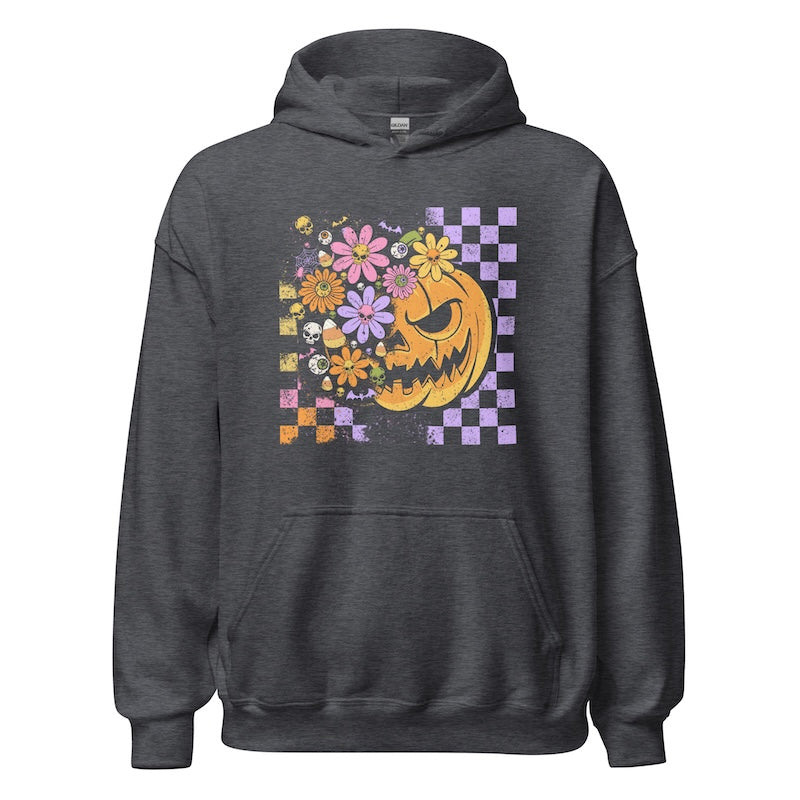 Dark gray hoodie with a colorful pumpkin and floral design on a white background