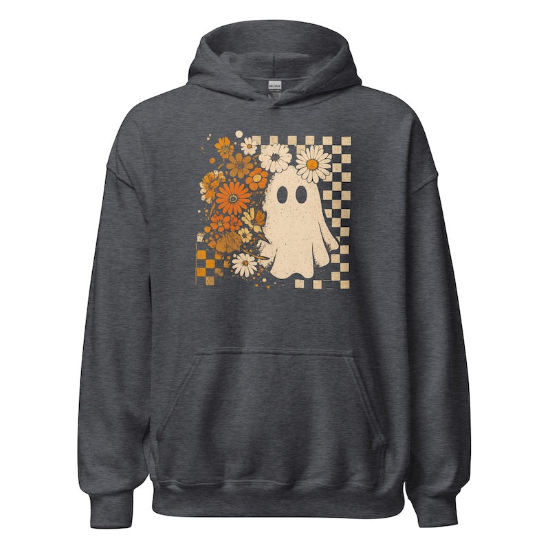 Dark gray hoodie with a ghost and floral design on a white background