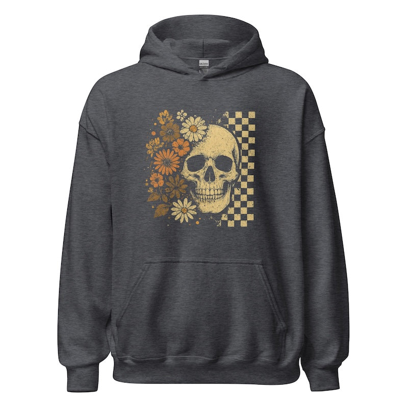 Dark gray hoodie with a skull and floral design on a white background