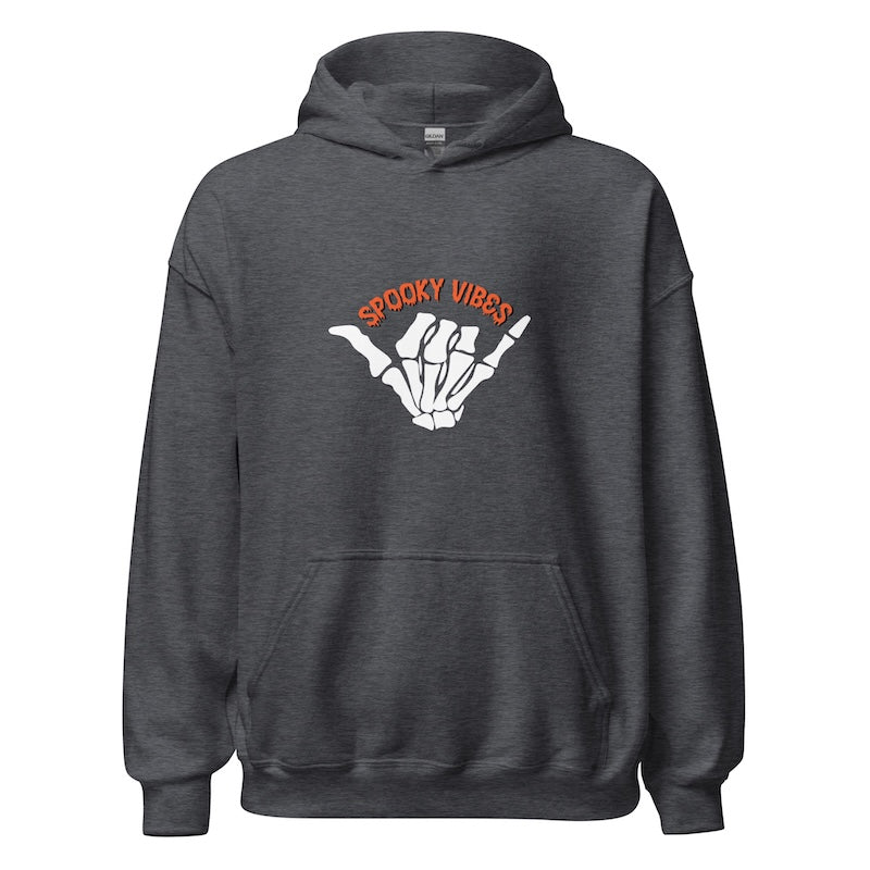 Dark gray hoodie with 'Spooky Vibes' design on a white background