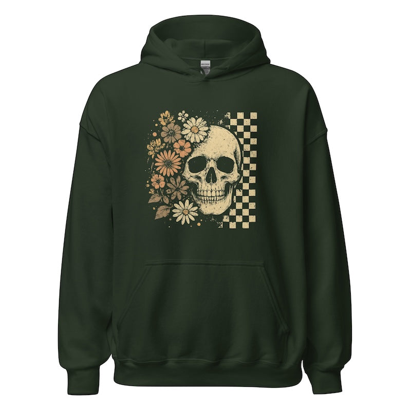 Dark green hoodie with skull and floral design on a white background